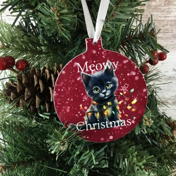 Black Cat Meowy Christmas Ornament Double Sided - Picture 1 of 5